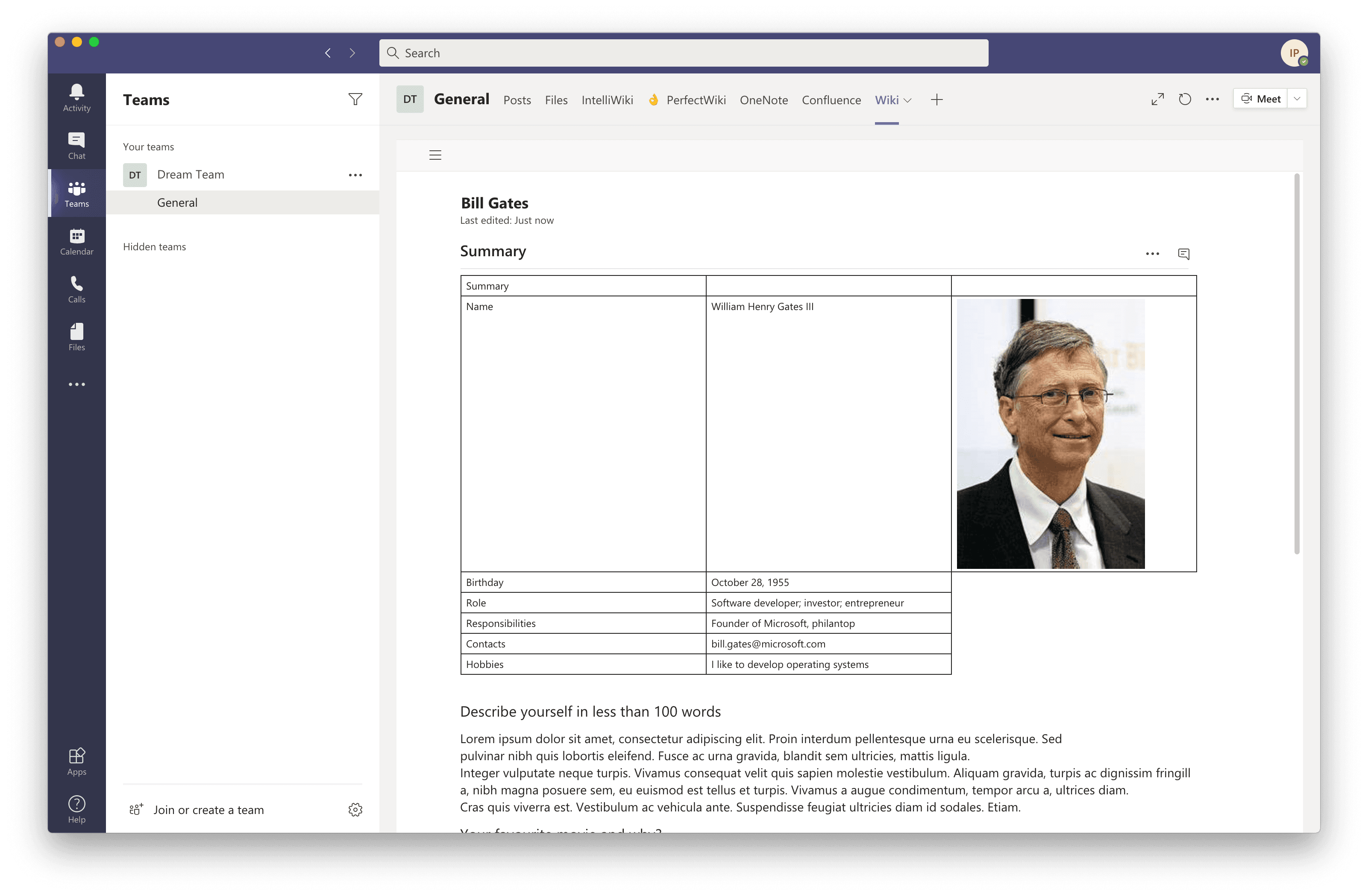 Sample document opened in built-in wiki