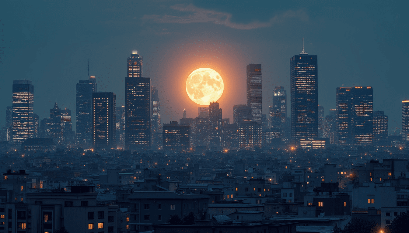 "City Skyline with Full Moon" - free Microsoft Teams background provided for you by Perfect Wiki